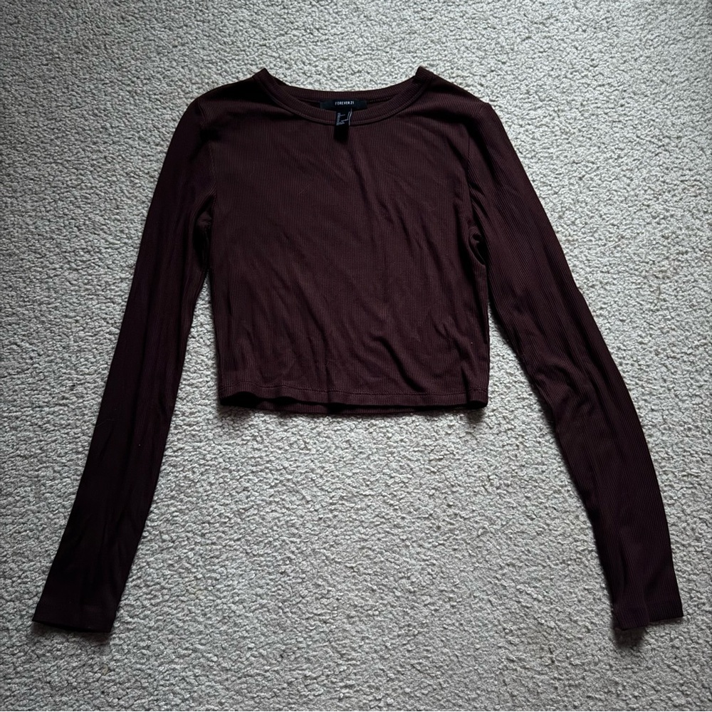 Forever21 Women's Long Sleeve Ribbed Top - Burgundy Size S